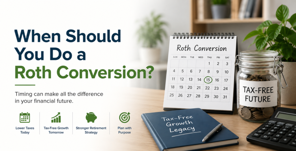 Financial planning illustration explaining when to do a Roth conversion for tax-efficient retirement planning.
