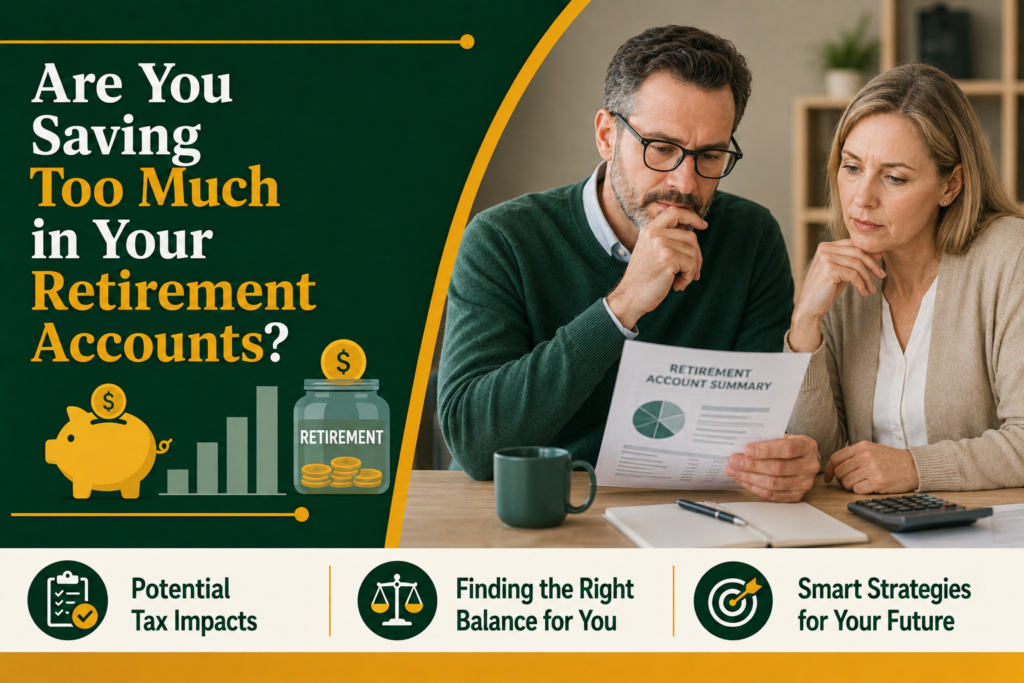 Financial planning illustration showing a couple reviewing retirement savings, tax impacts, and long-term financial goals.